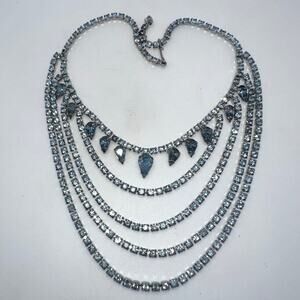 1940s 1950s vintage silver tone light blue glass rhinestones swag necklace